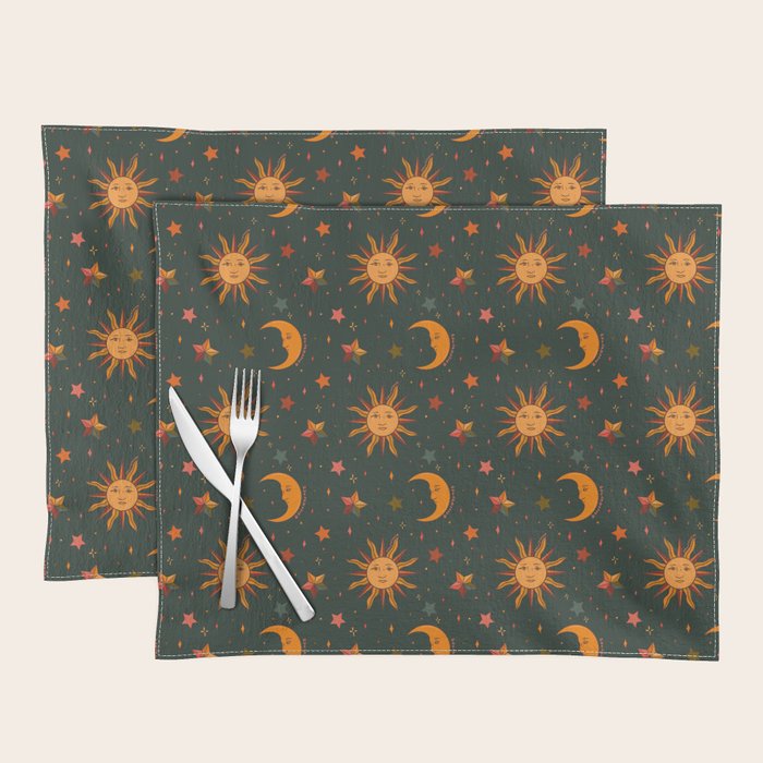 Folk Moon and Star Print in Teal Placemat Gallery Image 1