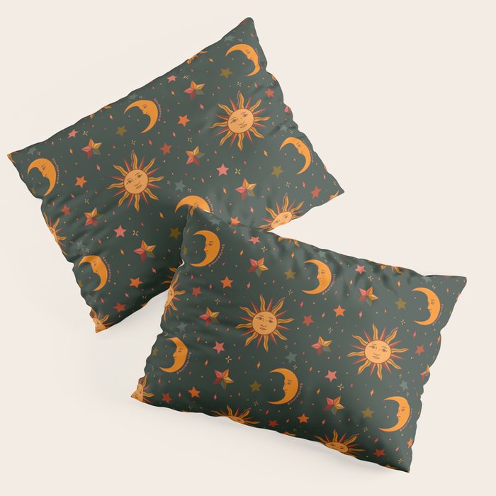 Folk Moon and Star Print in Teal Pillow Sham Gallery Image 3