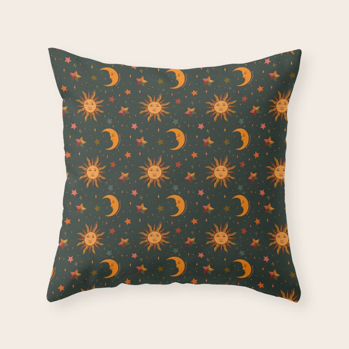 Folk Moon and Star Print in Teal Throw Pillow Gallery Image 6