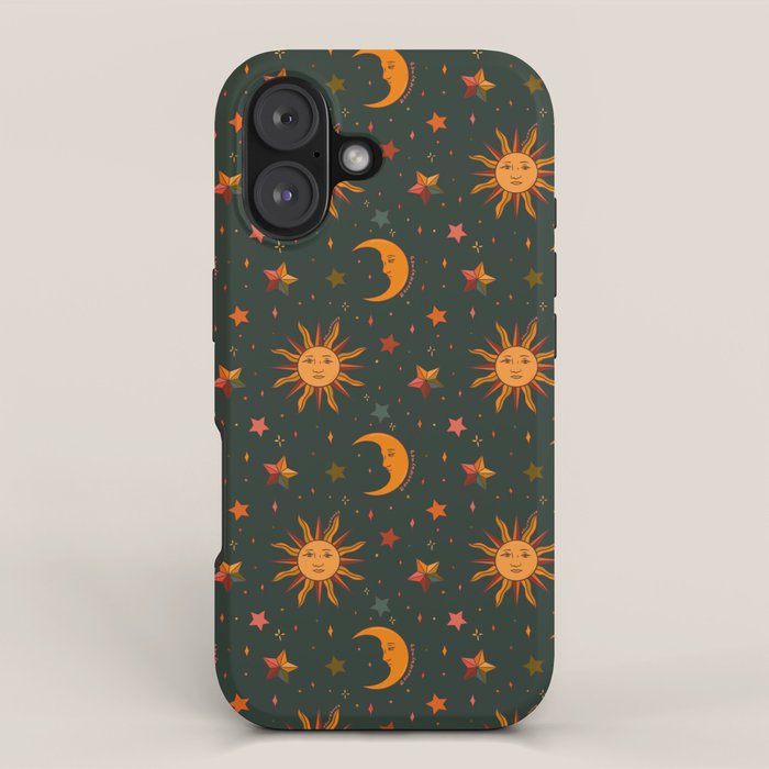 Folk Moon and Star Print in Teal iPhone Case Gallery Image 1