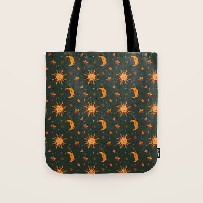 Folk Moon and Star Print in Teal Tote Bag Gallery Image 1