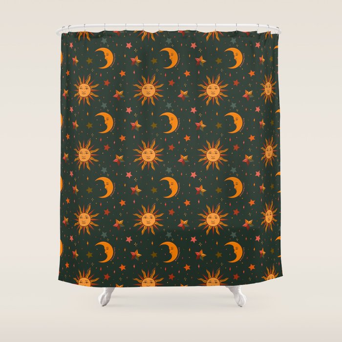 Folk Moon and Star Print in Teal Shower Curtain