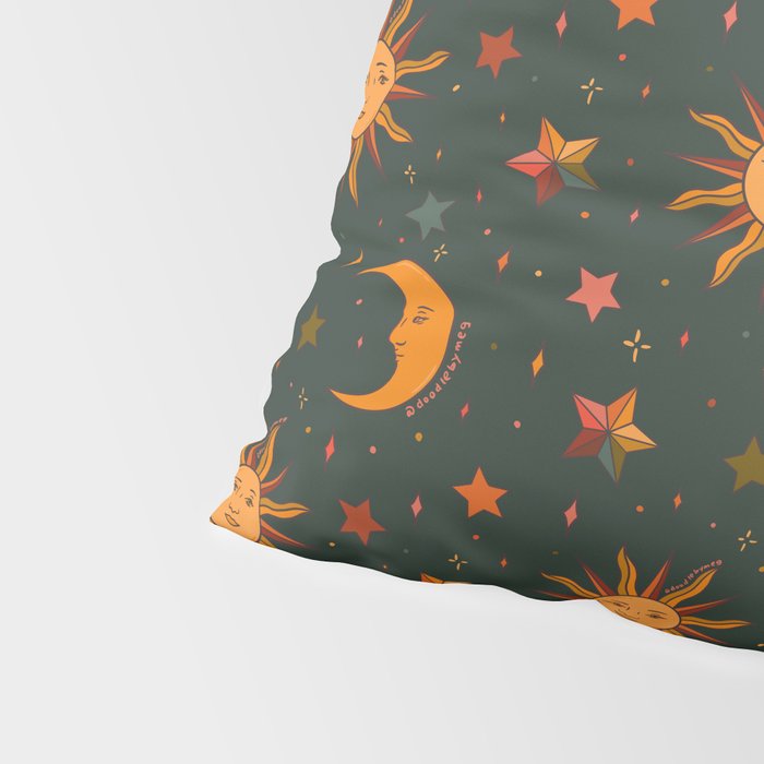 Folk Moon and Star Print in Teal Pillow Sham Gallery Image 4