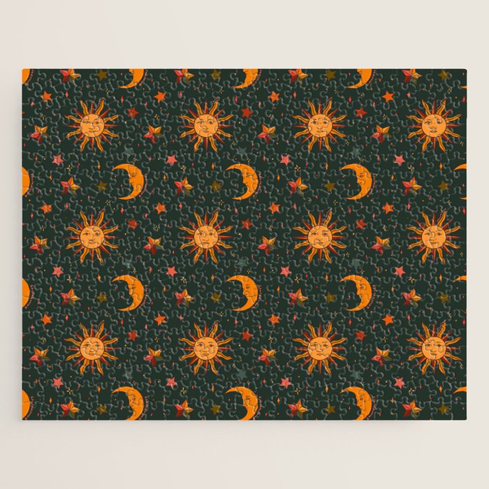 Folk Moon and Star Print in Teal Jigsaw Puzzle Gallery Image 1