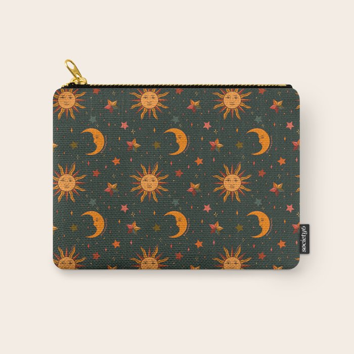 Folk Moon and Star Print in Teal Carry All Pouch Gallery Image 1