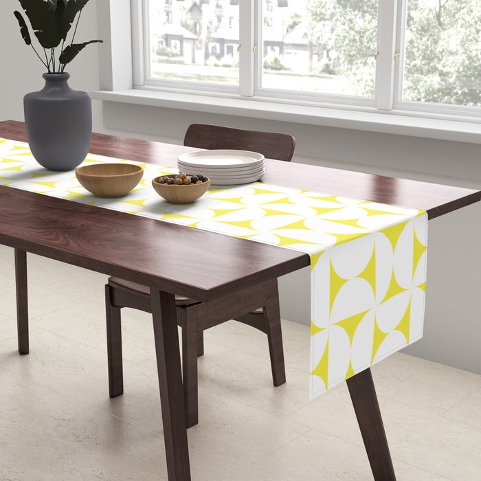 Patterned Geometric Shapes CLVII White and Bright Yellow Table Runner Gallery Image 2