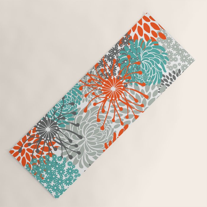 Orange and Teal Floral Abstract Print Yoga Mat Gallery Image 1