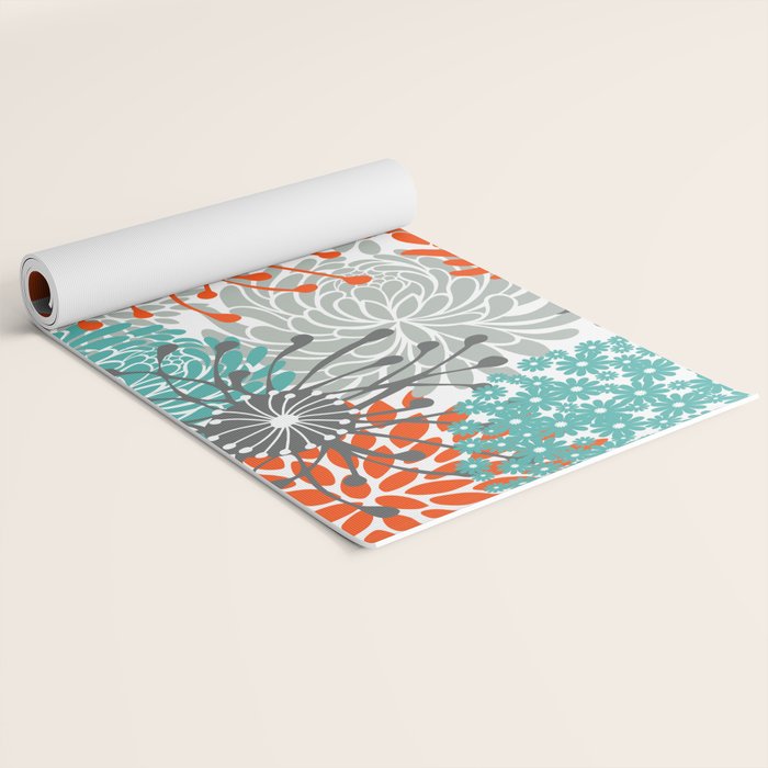 Orange and Teal Floral Abstract Print Yoga Mat Gallery Image 2
