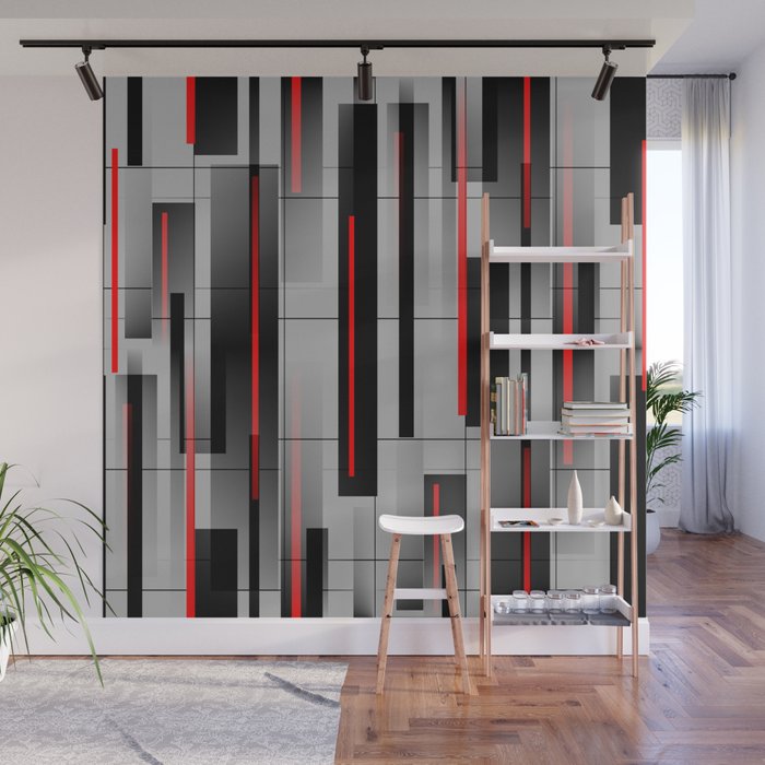 Off the Grid - Abstract - Gray, Black, Red Wall Mural Gallery Image 1