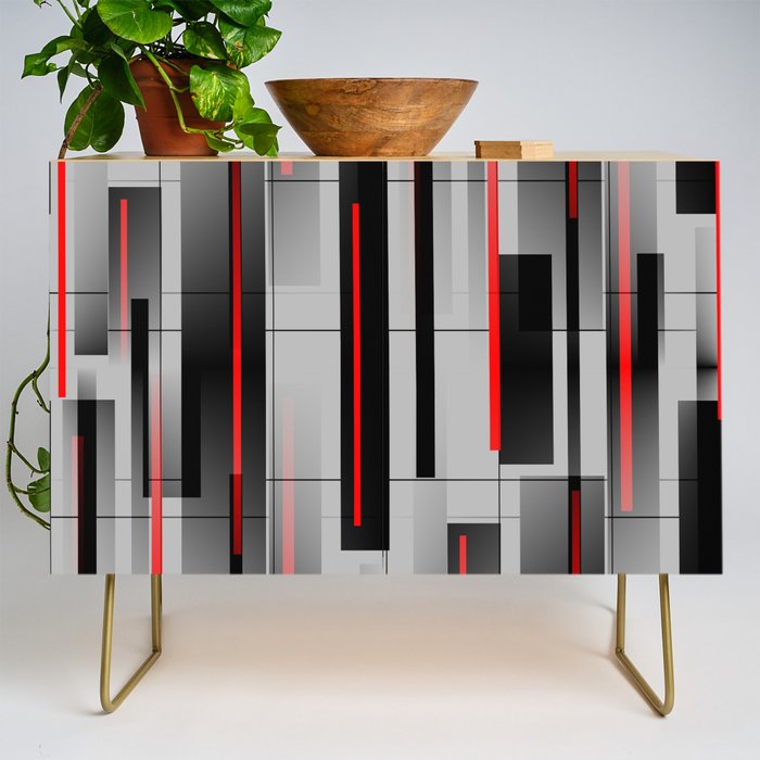 Off the Grid - Abstract - Gray, Black, Red Credenza Gallery Image 1