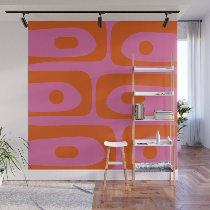 Mid-Century Modern Piquet Minimalist Abstract in Hot Pink and Retro Red Orange Wall Mural Gallery Image 1