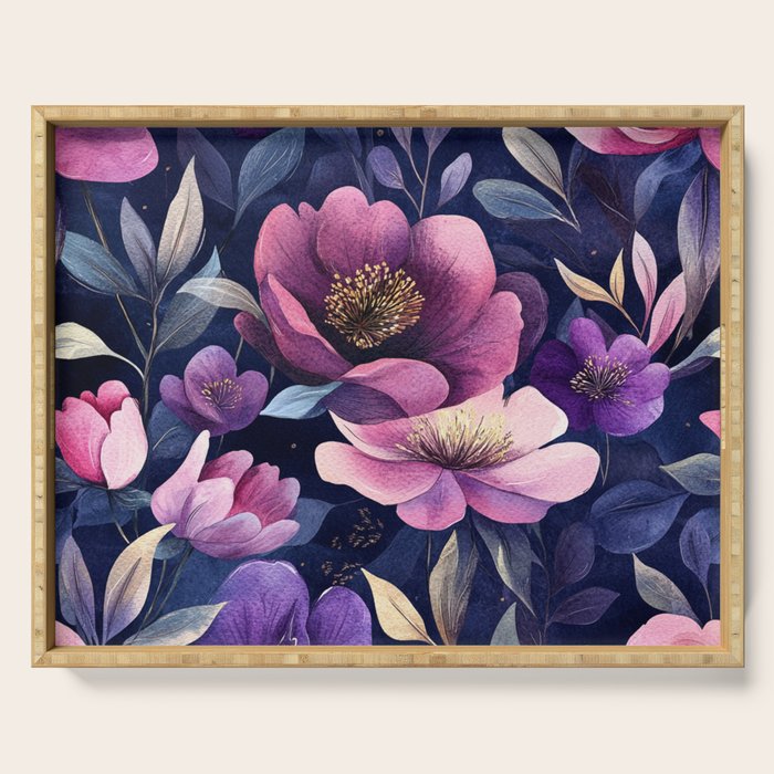 Large Pink Purple Poppies Peonies Flowers Watercolor All Over Serving Tray Gallery Image 1