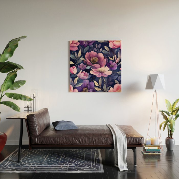 Large Pink Purple Poppies Peonies Flowers Watercolor All Over Wood Wall Art Gallery Image 2