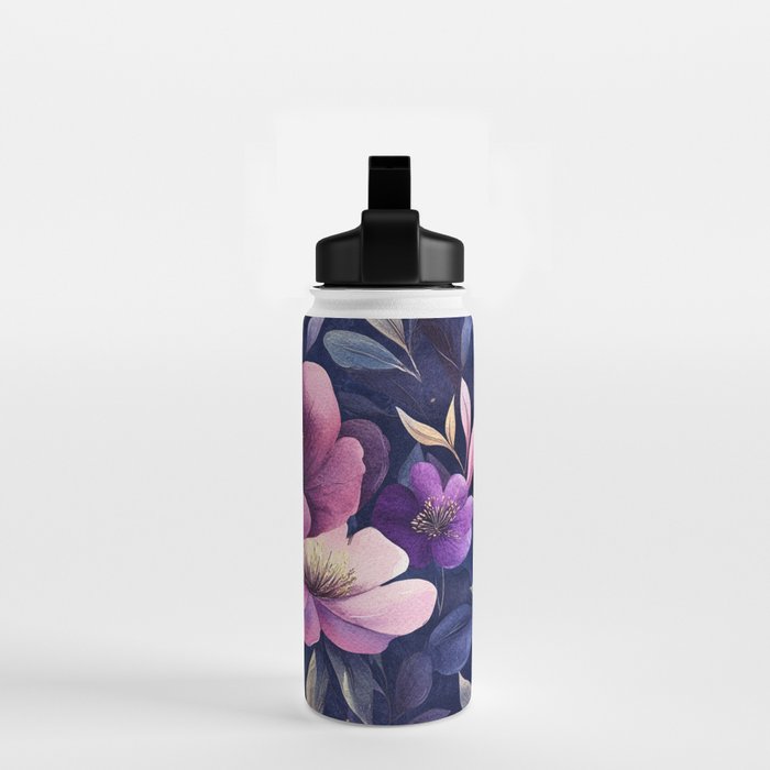Large Pink Purple Poppies Peonies Flowers Watercolor All Over Water Bottle Gallery Image 2