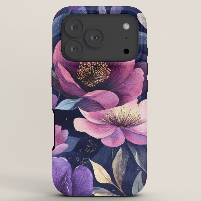 Large Pink Purple Poppies Peonies Flowers Watercolor All Over iPhone Case Gallery Image 7