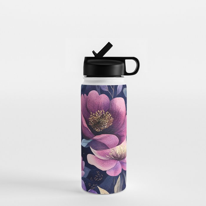 Large Pink Purple Poppies Peonies Flowers Watercolor All Over Water Bottle Gallery Image 1