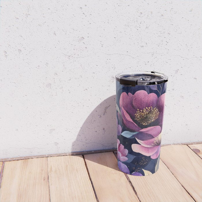 Large Pink Purple Poppies Peonies Flowers Watercolor All Over Travel Mug Gallery Image 4
