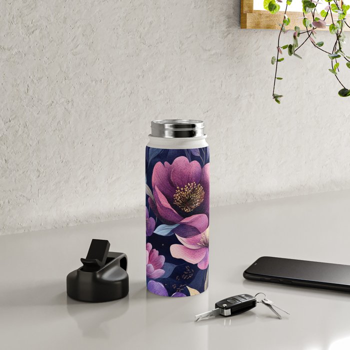 Large Pink Purple Poppies Peonies Flowers Watercolor All Over Water Bottle Gallery Image 4