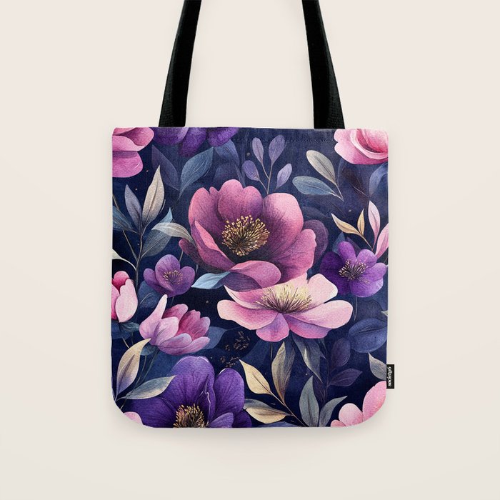 Large Pink Purple Poppies Peonies Flowers Watercolor All Over Tote Bag Gallery Image 1