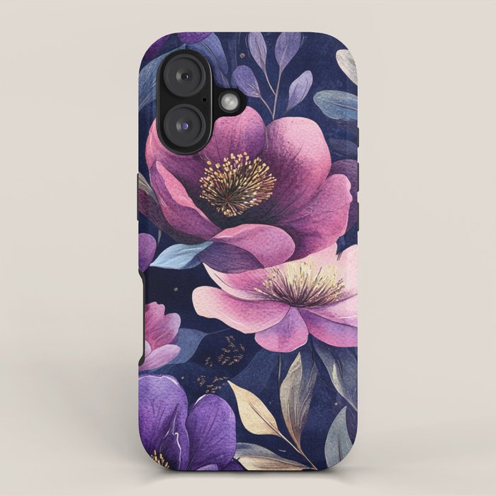 Large Pink Purple Poppies Peonies Flowers Watercolor All Over iPhone Case Gallery Image 1