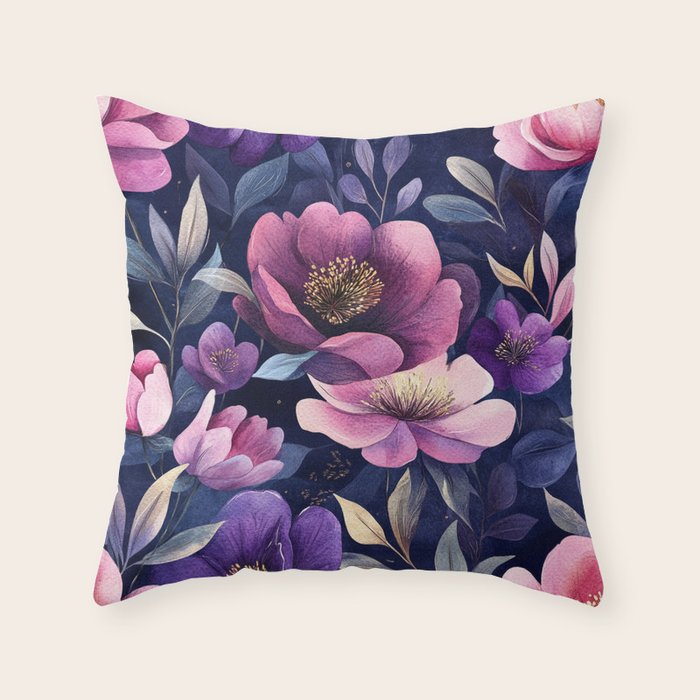Large Pink Purple Poppies Peonies Flowers Watercolor All Over Throw Pillow Gallery Image 6