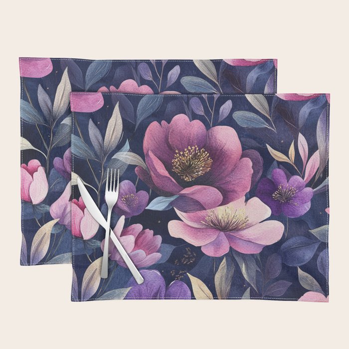 Large Pink Purple Poppies Peonies Flowers Watercolor All Over Placemat Gallery Image 1