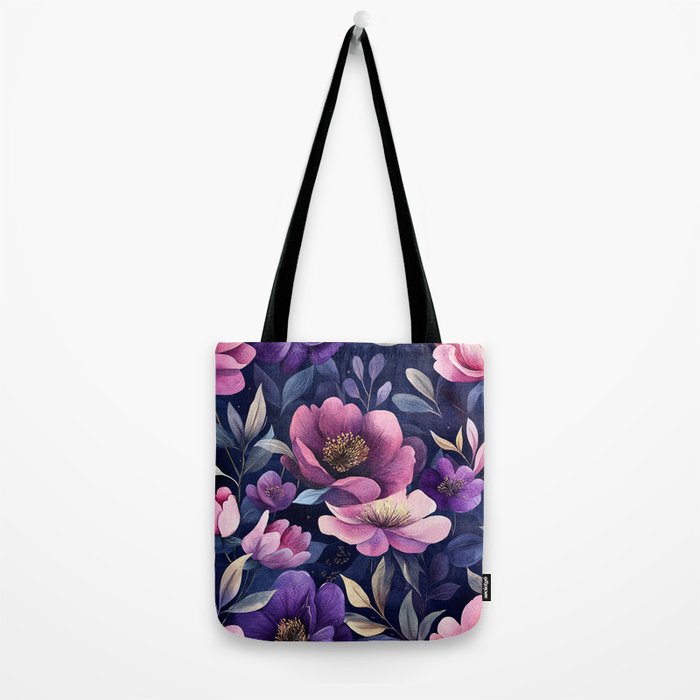 Large Pink Purple Poppies Peonies Flowers Watercolor All Over Tote Bag Gallery Image 2