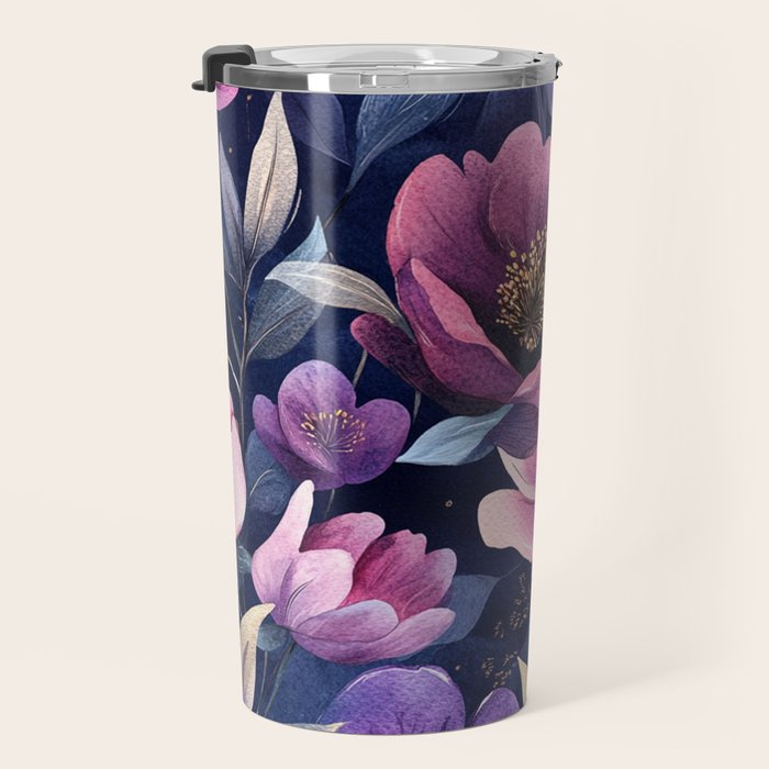 Large Pink Purple Poppies Peonies Flowers Watercolor All Over Travel Mug Gallery Image 3