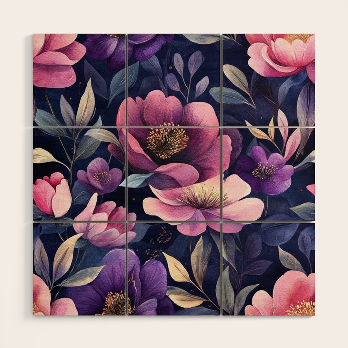 Large Pink Purple Poppies Peonies Flowers Watercolor All Over Wood Wall Art Gallery Image 1