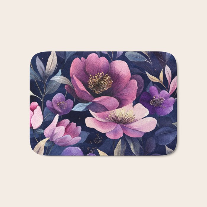 Large Pink Purple Poppies Peonies Flowers Watercolor All Over Bath Mat Gallery Image 1