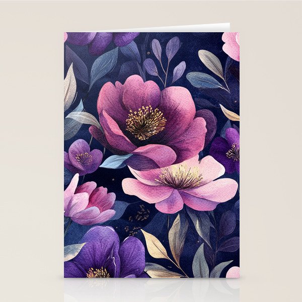 Large Pink Purple Poppies Peonies Flowers Watercolor All Over Stationery Card Gallery Image 2