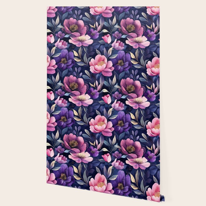 Large Pink Purple Poppies Peonies Flowers Watercolor All Over Wallpaper Gallery Image 2