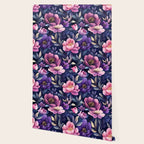 Large Pink Purple Poppies Peonies Flowers Watercolor All Over Wallpaper Gallery Image 2