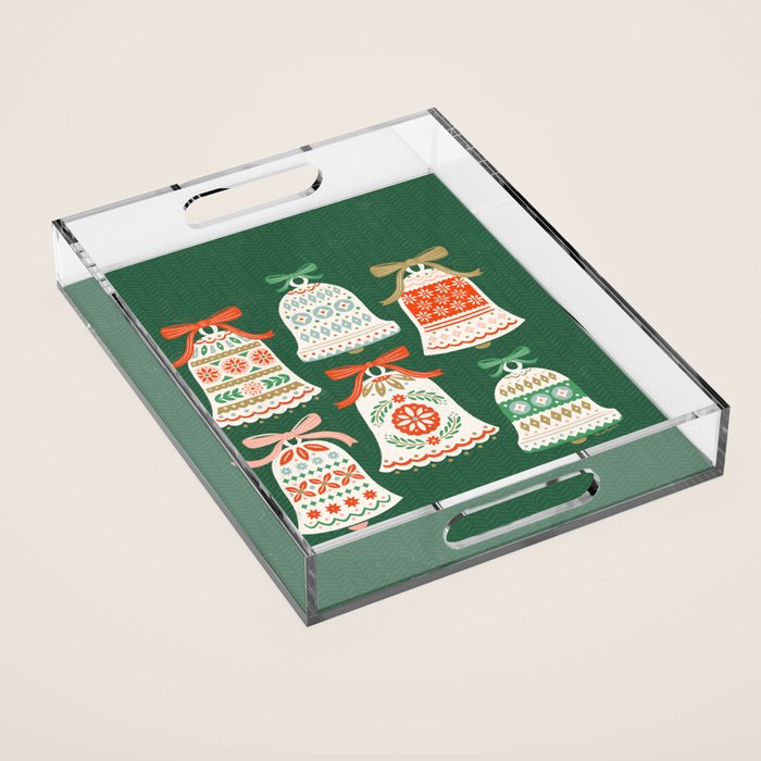 Folk Art Holiday Bells - Forest Green Acrylic Tray Gallery Image 1