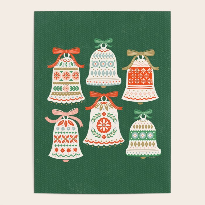 Folk Art Holiday Bells - Forest Green Poster Gallery Image 1