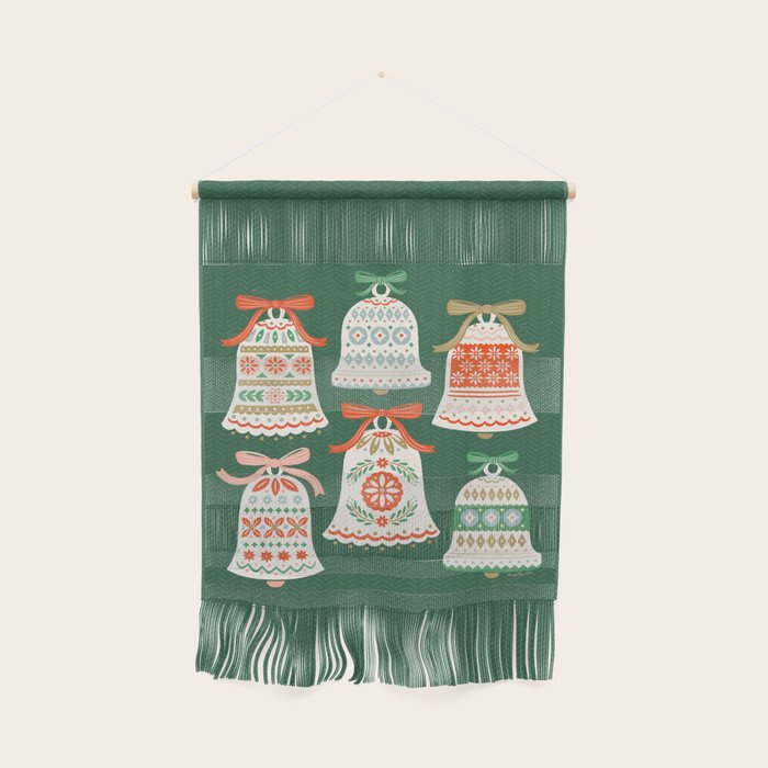 Folk Art Holiday Bells - Forest Green Wall Hanging Gallery Image 1