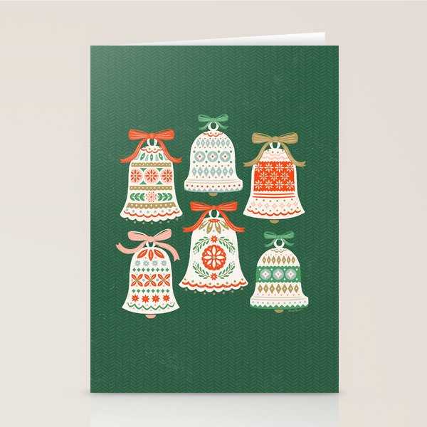 Folk Art Holiday Bells - Forest Green Stationery Card Gallery Image 1