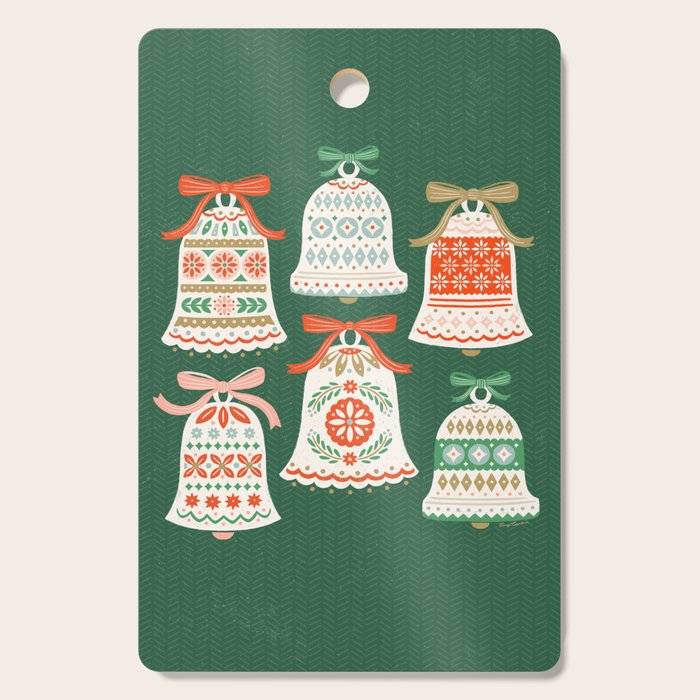 Folk Art Holiday Bells - Forest Green Cutting Board Gallery Image 1