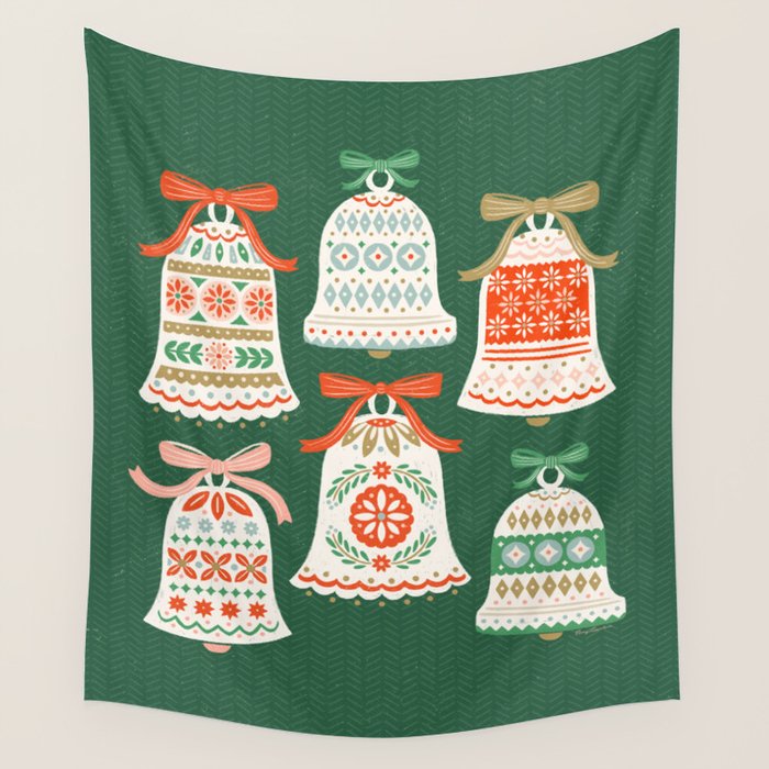 Folk Art Holiday Bells - Forest Green Wall Tapestry Gallery Image 4