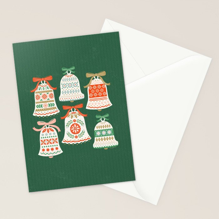 Folk Art Holiday Bells - Forest Green Stationery Card Gallery Image 2