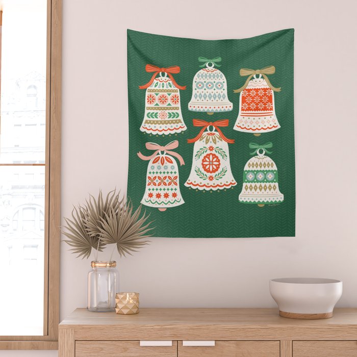 Folk Art Holiday Bells - Forest Green Wall Tapestry Gallery Image 2