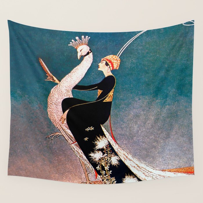 Art Deco White Peacock and Flapper Vintage Art Wall Tapestry Gallery Image 1