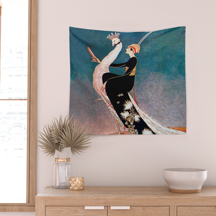 Art Deco White Peacock and Flapper Vintage Art Wall Tapestry Gallery Image 2