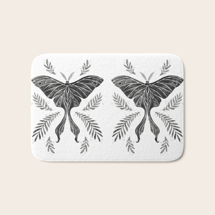 Watercolor Luna Moth in Black and White Bath Mat Gallery Image 1