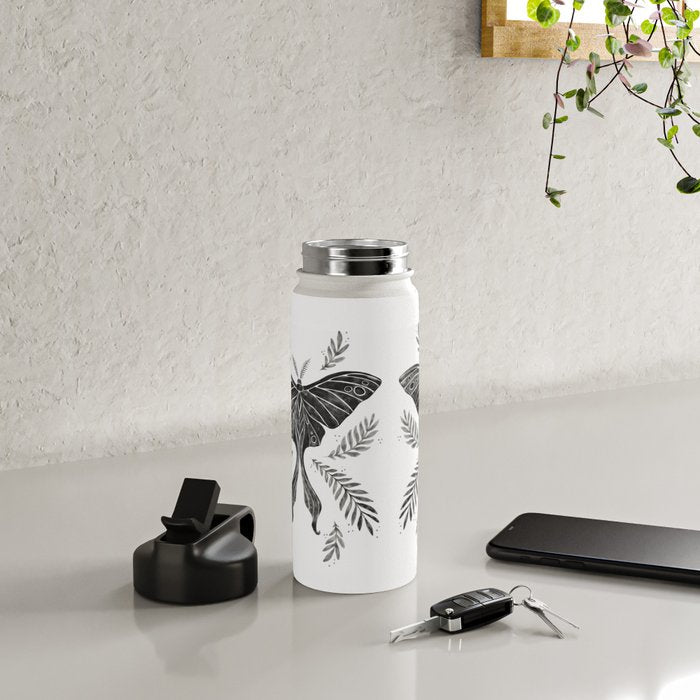 Watercolor Luna Moth in Black and White Water Bottle Gallery Image 4