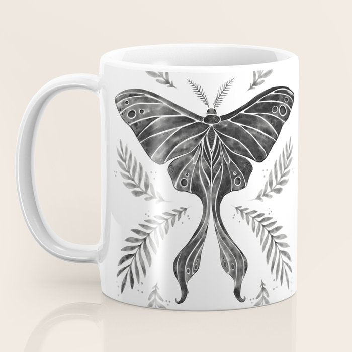 Watercolor Luna Moth in Black and White Coffee Mug Gallery Image 3