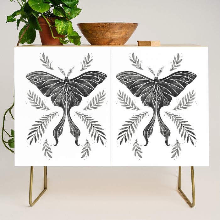 Watercolor Luna Moth in Black and White Credenza Gallery Image 1