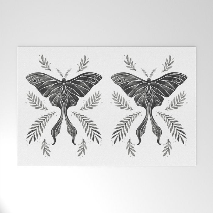 Watercolor Luna Moth in Black and White Welcome Mat Gallery Image 1