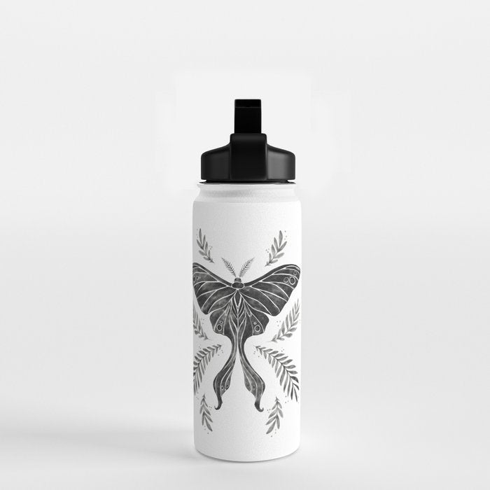 Watercolor Luna Moth in Black and White Water Bottle Gallery Image 2