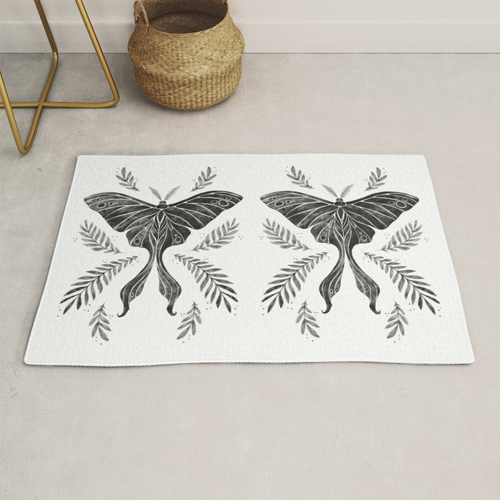 Watercolor Luna Moth in Black and White Rug Gallery Image 1